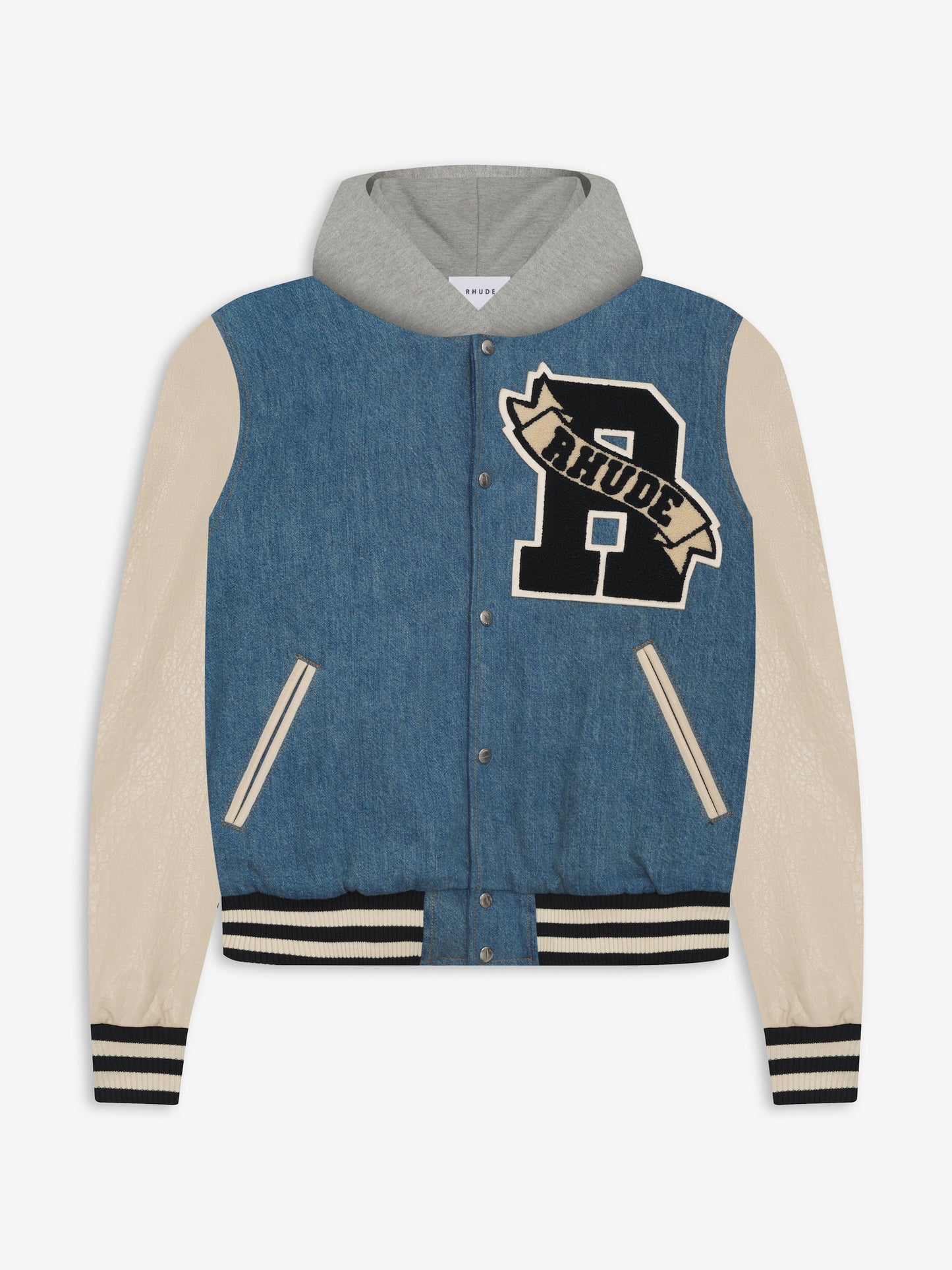 WASHED DENIM HOODED VARSITY JACKET