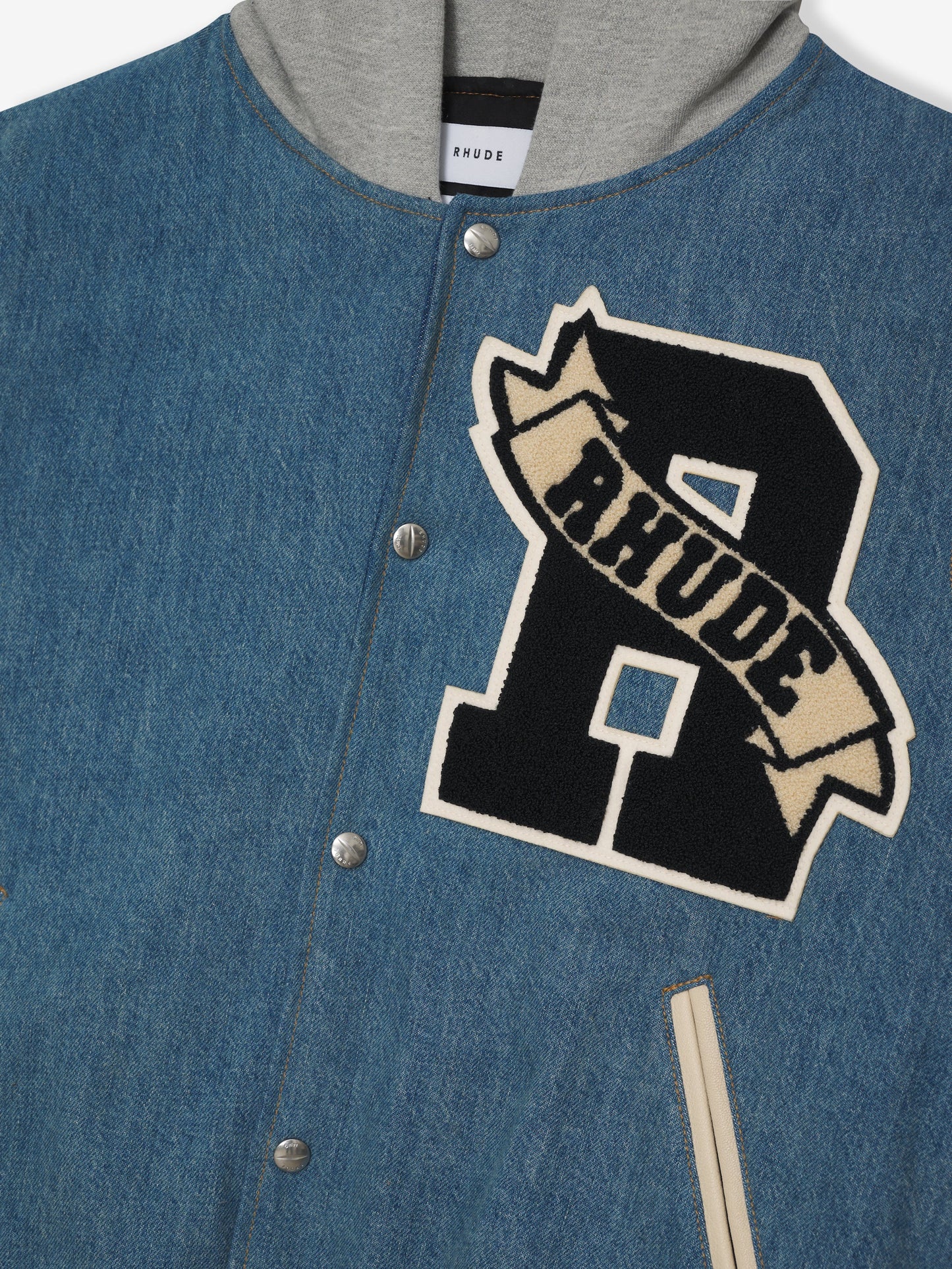 WASHED DENIM HOODED VARSITY JACKET