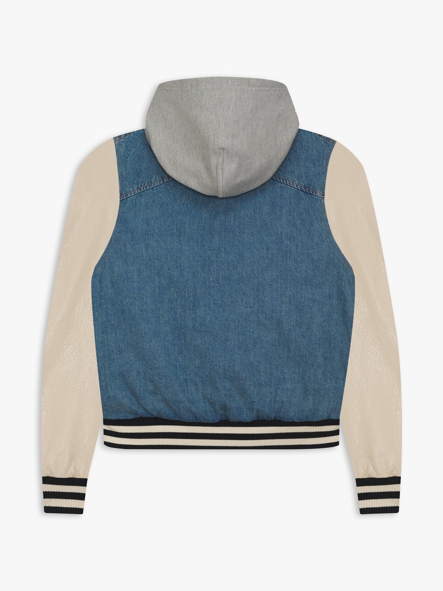 WASHED DENIM HOODED VARSITY JACKET